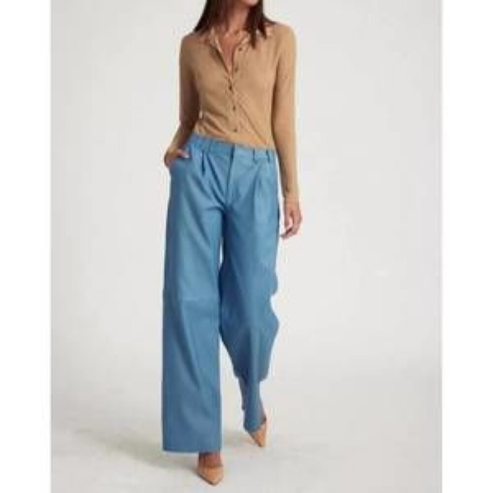 NEW SPRWMN deep pleat leather trousers in chambray blue